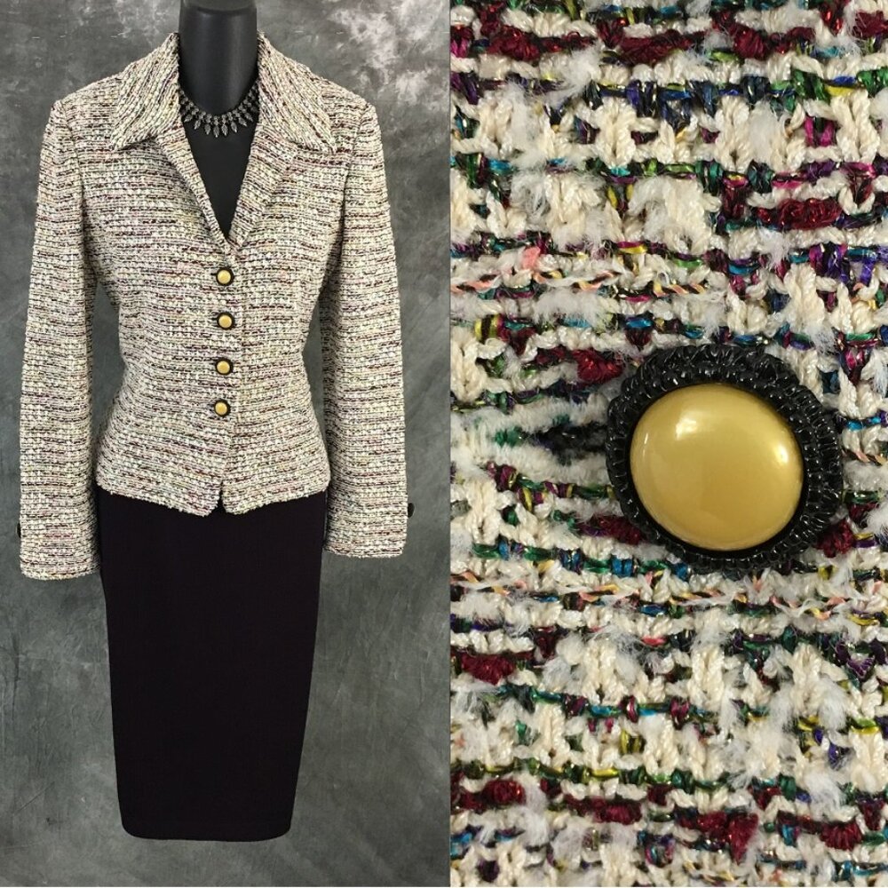 BEAUTIFUL St John collection knit wine purple multi jacket skirt suit size 8